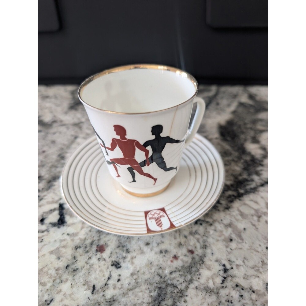 Vintage Lomonosov USSR Moscow 1980 Olympics Runner Porcelain Cup Saucer Cracked